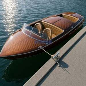 lancha-madera-estilo-chris-craft-en-venta-argentina -miani barcos - render 3D de la lancha terminada. detalles del parabrisa y herrajes.